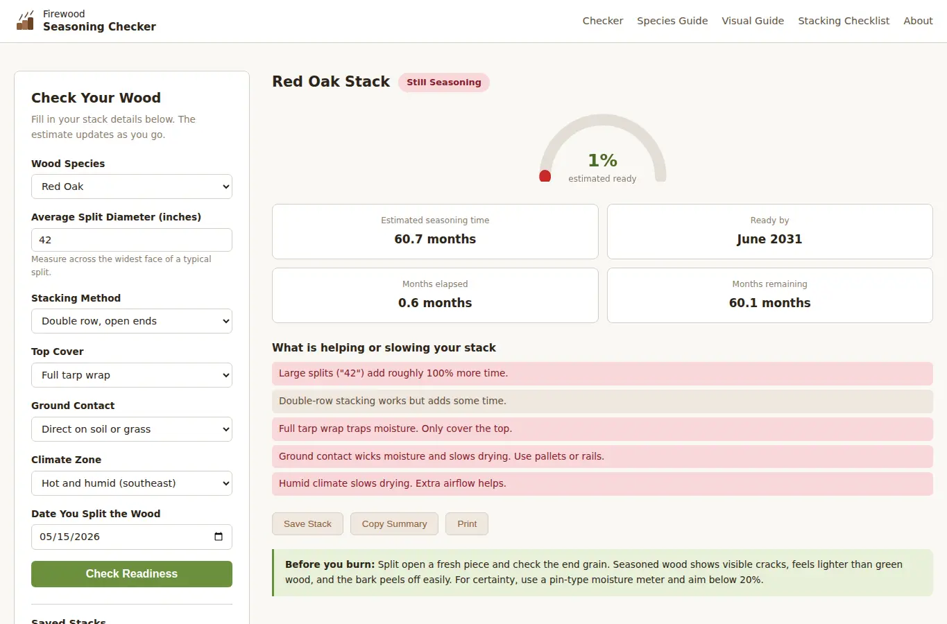 Screenshot of Firewood Seasoning Checker interface showing the project page in use